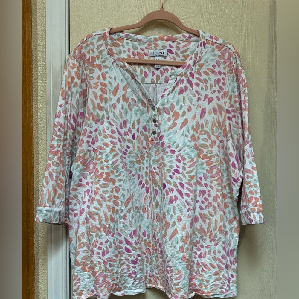Denim&Co Pink and Orange Printed Top SEE close up for colors
